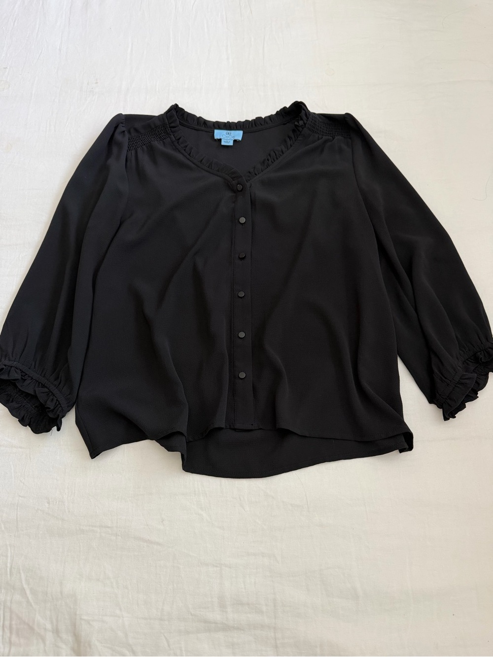 CeCe Black Ruffle-Trim Button Front Blouse